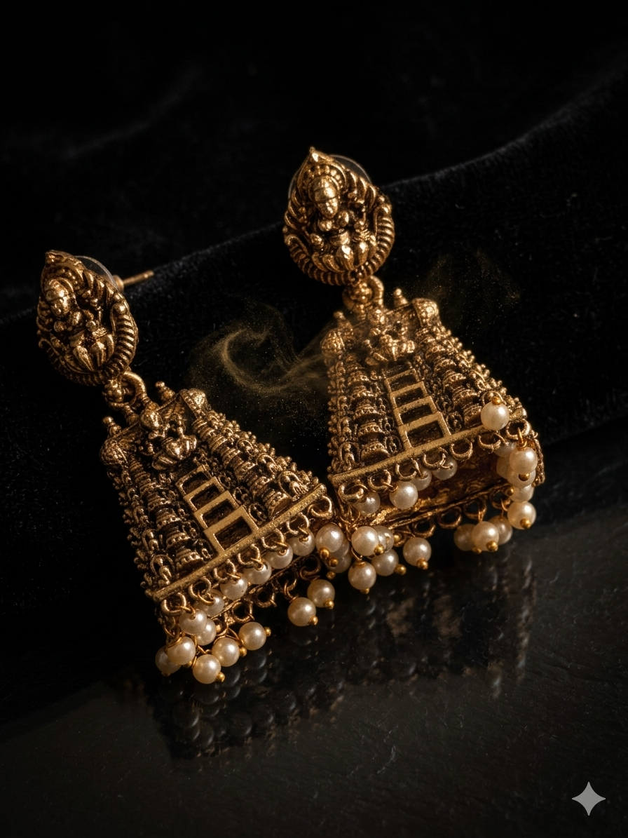Gopuram Temple Jhumkas with Pearl Drops