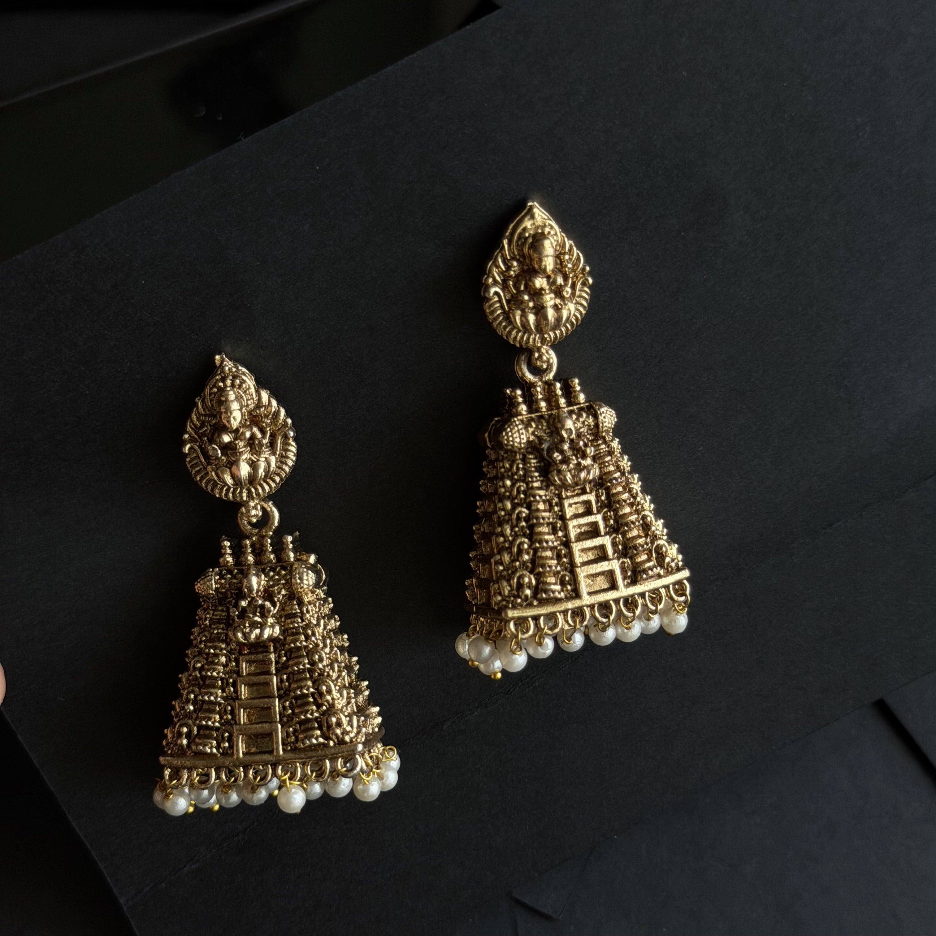Gopuram Temple Jhumkas with Pearl Drops